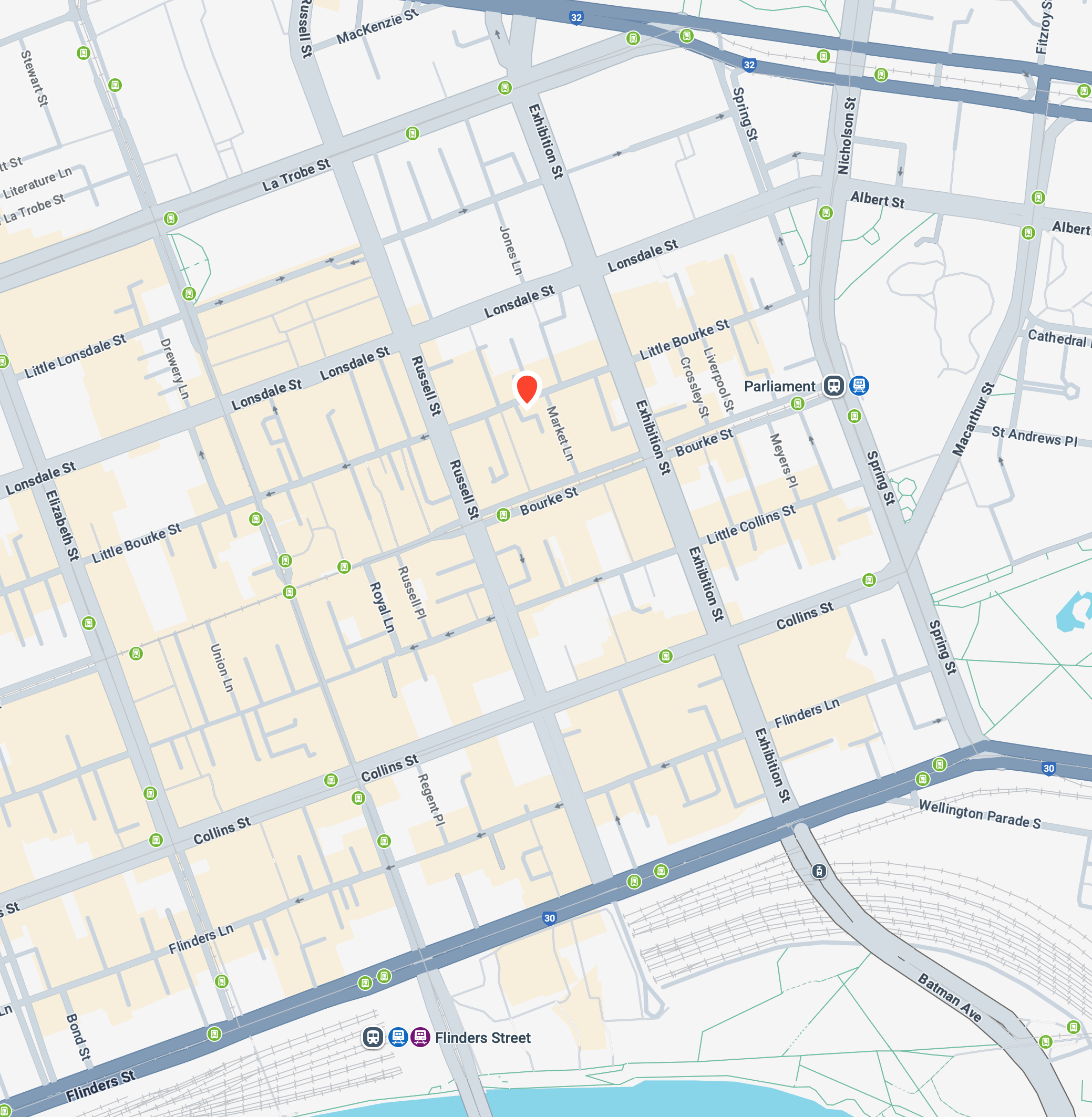 地图显示了位于123 Little Bourke Street, Melbourne的教堂位置。教堂位于Little Bourke Street，Russell Street和Exhibition Street之间。